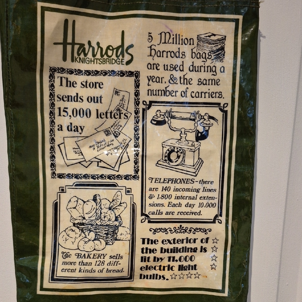 Harrods Vintage Green and Cream Illustrated Promotional Coated Canvas Tote Bag